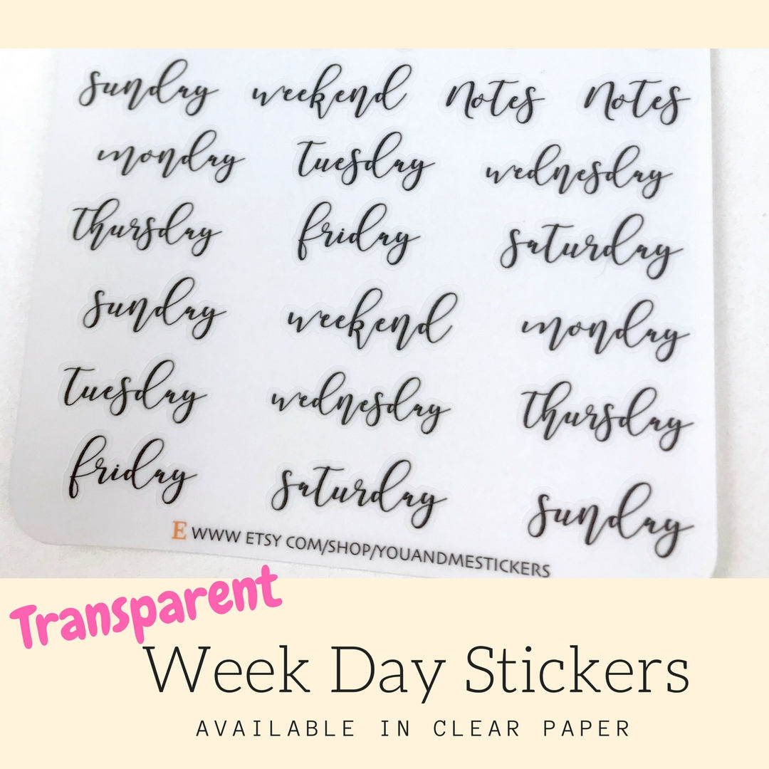 Transparent Sticker, Week Day Sticker, Planner Stickers